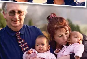  ??  ?? Then and now: Mrs Kilshaw and ex-husband Alan hold the Wecker twins in 2001. Top: The girls today. Their faces have been obscured