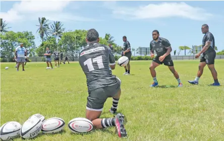  ?? Photo: FRU Media. ?? Swire Shipping Fijian Warriors players go through their moves at Bidesi Park, Suva on February 11, 2020.