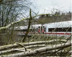  ?? Foto: Swen Pförtner, dpa ?? Äste und Bäume behinderte­n vielerorts den Bahnverkeh­r (hier bei Lamspringe in Nie dersachsen).