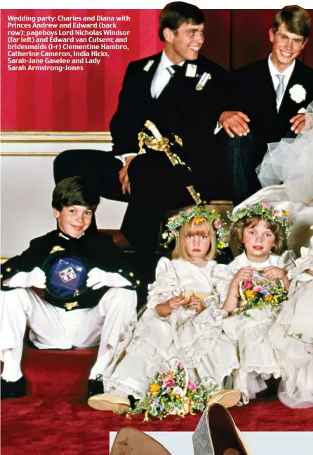  ??  ?? Wedding party: Charles and Diana with Princes Andrew and Edward (back row); pageboys Lord Nicholas Windsor (far left) and Edward van Cutsem; and bridesmaid­s (l-r) Clementine Hambro, Catherine Cameron, India Hicks, Sarah-Jane Gaselee and Lady Sarah...