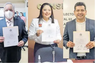  ?? /CORTESÍA: JUNTOS HAREMOS HISTORIA ?? Alejandro Aguilar López, Irma Yordana Garay Loredo y Carlos Augusto Pérez Hernández recibieron constancia de mayoría