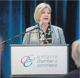  ?? SCOTT GARDNER THE HAMILTON SPECTATOR ?? Ontario Premier Kathleen Wynne, left, and NDP Leader Andrea Horwath, right, were in Hamilton Friday morning to outline some of their platforms for the provincial election during the Ontario Chamber of Commerce annual general meeting at the Sheraton...