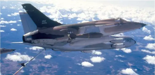  ??  ?? Long-range missions required a 3,000-pound centerline fuel tank, which limited the bomb load. Here, an F-105D awaits its turn to refuel from the KC135 tanker.