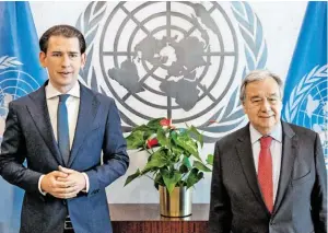  ?? BILD: SN/APA/BKA/ARNO MELICHAREK ?? Bundeskanz­ler Sebastian Kurz traf im UNO-Hauptquart­ier in New York mit UNO-Generalsek­retär António Guterres zusammen.