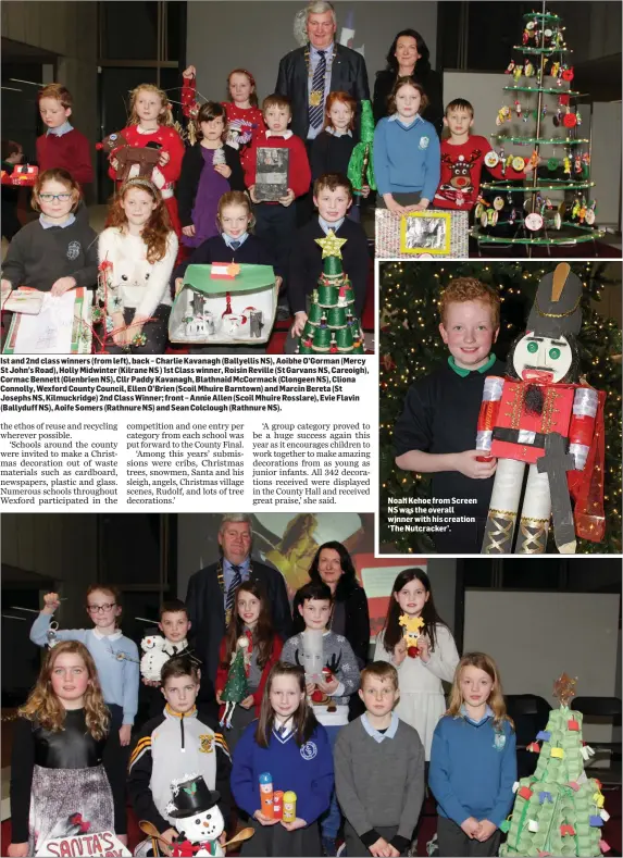  ??  ?? Ist and 2nd class winners (from left), back – Charlie Kavanagh (Ballyellis NS), Aoibhe O’Gorman (Mercy St John’s Road), Holly Midwinter (Kilrane NS ) 1st Class winner, Roisin Reville (St Garvans NS, Careoigh), Cormac Bennett (Glenbrien NS), Cllr Paddy...