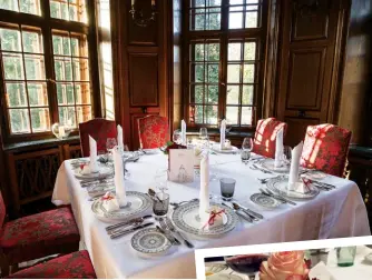  ??  ?? clockwise from top The wood-panelled Dining
Hall of Saareck Castle; dinner is served on Villeroy & Boch’s classica contura bone china with patterns
inspired by classical architectu­re; a view of the
castle’s rich interiors