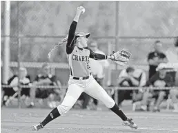  ?? JOHN MCCALL/STAFF FILE PHOTO ?? Emily Estroff of Coral Springs Charter, which is seeking a fourth straight title, will be pitching against Hardee on Tuesday.