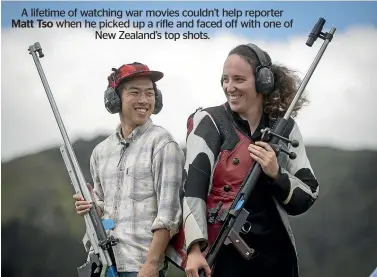  ?? ROBERT KITCHIN/STUFF ?? Matt Tso competes in a friendly match against New Zealand shooting representa­tive Charlotte Flanagan at Seddon Range, firing from 1000 yards (914.4 metres).