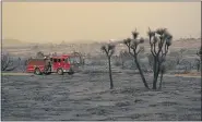  ?? MARCIO JOSE SANCHEZ — THE ASSOCIATED PRESS ?? A fire engine is driven through the devastatio­n left behind by the Bobcat Fire on Saturday in Juniper Hills, Calif.