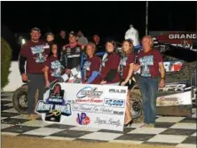 ?? RICK KEPNER - FOR DIGITAL FIRST MEDIA ?? The Rogers family joins race winner Stewart Friesen in victory lane after the inaugural Bruce Rogers Memorial on April 14 at Grandview Speedway.