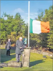  ?? ?? Committee chairman Mattie McGrath TD addressing the crowd as the flag flys at half mast, during one of the commemorat­ive events in Newcastle.