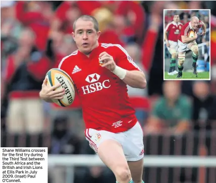  ??  ?? Shane Williams crosses for the first try during the Third Test between South Africa and the British and Irish Lions at Ellis Park in July 2009. (Inset) Paul O’Connell.