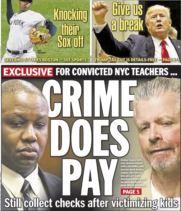  ??  ?? Osman Couey (left), who shoved student with a disability, and teacher Dean Bethea (right), who tried to kiss girl, are both drawing salaries in jail because city hasn’t been able to fire them.