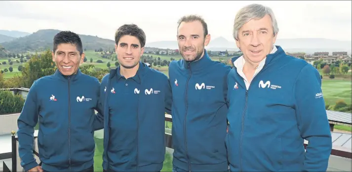  ?? FOTO: MANEL MONTILLA ?? Los tres jefes de filas de Movistar –Nairo Quintana, Mikel Landa y Alejandro Valverde– posan ayer junto al mánager general del equipo, Eusebio Unzué, en el Castillo de Gorráiz Hotel Golf &amp; Spa de Pamplona