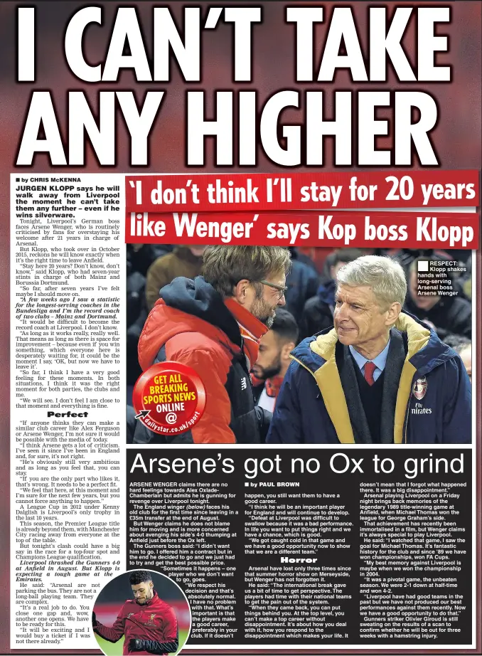  ??  ?? RESPECT: Klopp shakes hands with long-serving Arsenal boss Arsene Wenger