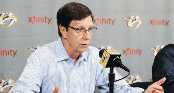  ?? MARK HUMPHREY/THE ASSOCIATED PRESS ?? Nashville Predators general manager David Poile has been on the job for two decades and finally has his team playing in the Stanley Cup final.