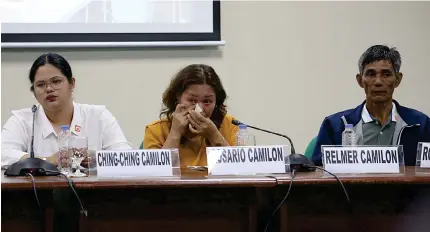  ?? PHOTO BY RENE H. DILAN ?? SAD HEARING
Catherine Camilon’s sister Ching Ching, mother Rosario and father Relmer attend the Senate hearing on Tuesday, Feb. 27, 2024, on the disappeara­nce of the beauty queen.