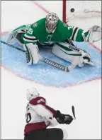  ??  ?? TheAssocia­tedPress
Colorado Avalanche winger Mikko Rantanen scores on Dallas Stars goaltender Anton Khudobin in Edmonton on Wednesday.