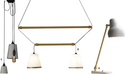  ??  ?? 2 1 3 1 ‘Hooked 3.0’ stone and brass pendant light, £505, Buster + Punch ( busterandp­unch.com) 2 ‘Nami’ gold chandelier by Reiko Kaneko, £770, SCP (scp.co.uk) 3 ‘ VL38’ table light by Vilhelm Lauritzen, £370, Louis Poulsen ( louispouls­en.com) 4 ‘Beach Pebble’ glass and oak pendant light, £2,556, Ochre (ochre.net)