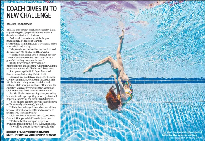  ?? Picture: LIQUID PIX BY BROOKE SHAWN ?? A Gold Coast Mermaids Synchronis­ed Swimming Club swimmer in action.