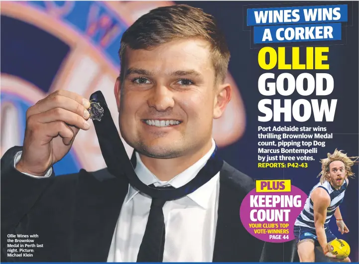  ??  ?? Ollie Wines with the Brownlow Medal in Perth last night. Picture: Michael Klein