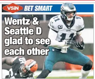  ??  ?? IT ALL WENTZ WRONG: Can Eagles QB Carson Wentz, who has been under siege in an unsuccessf­ul 2020 season thus far, turn things around on Monday night against a Seattle defense that entered Week 12 ranked last in total yards and passing yards allowed and 28th in points allowed?