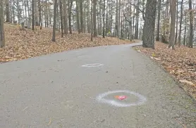  ?? MICHELLE LIU/ASSOCIATED PRESS ?? Spray-painted white circles and pink flags nailed into a walkway denote previously unmarked graves in Woodland Cemetery in Clemson, S.C.