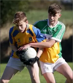  ??  ?? Liam Winters of Taghmon-Camross holds on to the ball as Seán Kelly (Duffry Rovers) tackles.