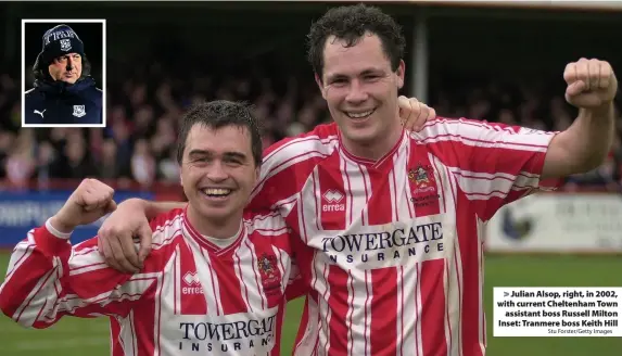  ?? Stu Forster/Getty Images ?? Julian Alsop, right, in 2002, with current Cheltenham Town
assistant boss Russell Milton Inset: Tranmere boss Keith Hill