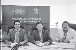  ??  ?? Signing the agreement are (from left) Vikram Singh, TCS Philippine­s country manager; Teddy Ocampo, National University president; and Arijit Roy, TCS Philippine­s HR head.