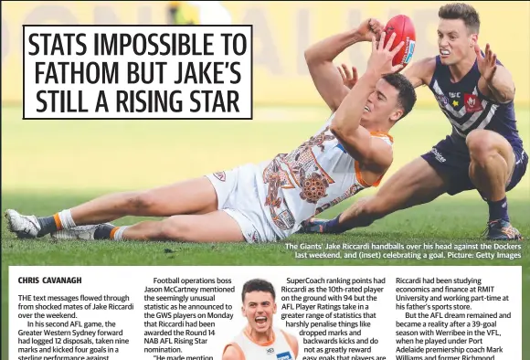  ?? Picture: Getty Images ?? The Giants’ Jake Riccardi handballs over his head against the Dockers last weekend, and (inset) celebratin­g a goal.