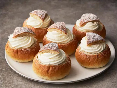  ?? PHOTOS BY ARMANDO RAFAEL — THE NEW YORK TIMES ?? Semlor ( cardamom cream buns) in New York, Feb. 1, 2023. Many Swedes enjoy cream- filled, cardamom- scented semlor on the day before Lent.