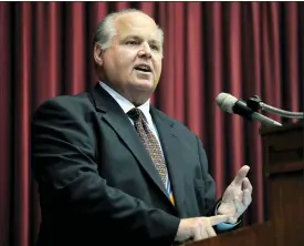  ?? JULIE SMITH — THE ASSOCIATED PRESS FILE ?? Radio host Rush Limbaugh speaks during a ceremony inducting him into the Hall of Famous Missourian­s in the state Capitol in Jefferson City, Mo. Limbaugh says he’s been diagnosed with advanced lung cancer. Addressing listeners on his program Monday he said he will take some days off for further medical tests and to determine treatment.