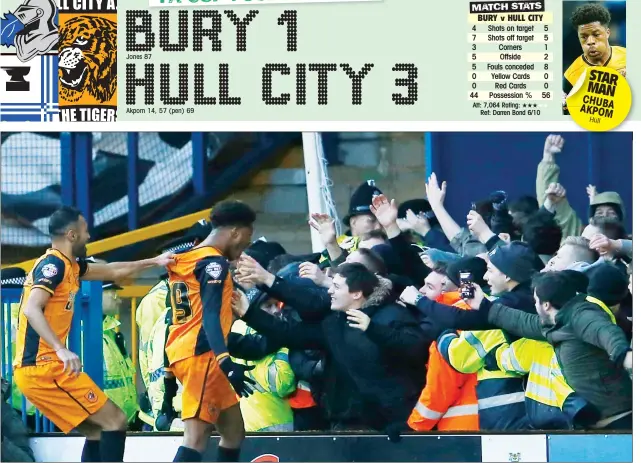  ?? PICTURES: Action Images ?? FAN FAVOURITE: Hull City's Chuba Akpom celebrates scoring his second goal