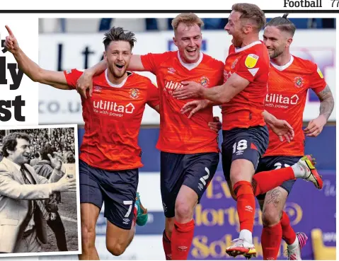  ?? REX ?? Happy Hatters: players celebrate clinching a play-off place, and David Pleat after a great escape in 1983 (left)