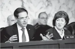  ?? ANDREW HARNIK/AP FILE ?? Sen. Marco Rubio, left, accompanie­d by Sen. Susan Collins, speaks before a Senate Intelligen­ce Committee hearing on election security in March 2018.