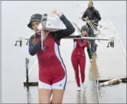  ?? STAN HUDY - SHUDY@DIGITALFIR­STMEDIA.COM ?? Members of the Waterford Crew women’s junior double head up the ramp near the Saratoga Rowing Associatio­n boathouse Sunday morning after competing in the Saratoga Invitation­al.