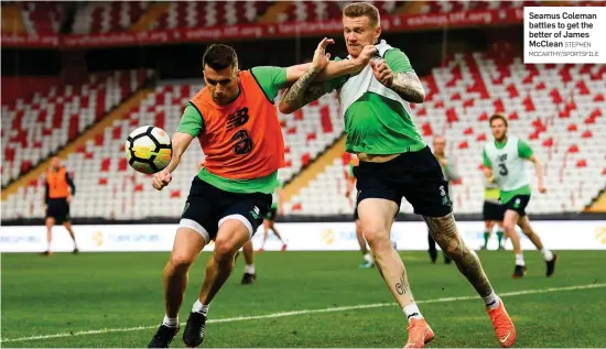  ?? STEPHEN MCCARTHY/SPORTSFILE ?? Seamus Coleman battles to get the better of James McClean