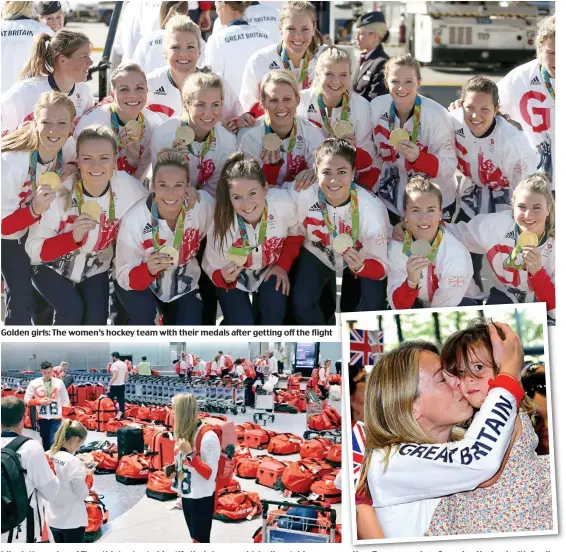  ??  ?? Golden girls: The women’s hockey team with their medals after getting off the flight Mine’s the red one! The athletes try to identify their bags... which all match! Hug: Team organiser Georgina Harland with family