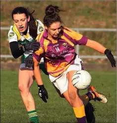  ??  ?? Wexford’s Aisling Murphy holds off Sarah Cummins (Offaly).