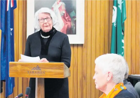  ?? Photo/File. ?? Friends of Carnegie committee member Barbara Ferguson addresses Tararua District Council on the Carnegie project.
