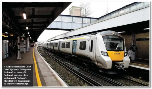  ??  ?? A Thameslink service to Luton (700008) departs Gillingham’s Platform 2 on January 30. Platform 2 shares an island platform with Platform 1, while Platform 3 is accessible via the covered footbridge.