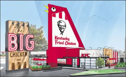  ?? KFC ?? Marietta’s landmark Big Chicken restaurant is closing for a renovation. Here’s a rendering of the planned new look, which will include a new chandelier, a mural of the state and a shopping area.