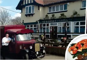  ??  ?? GLORIOUSLY TRADITIONA­L: The outside of the pub, its cosy interior and one of its delicious meals