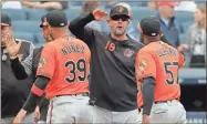  ?? AP-Julie Jacobson, File ?? Baltimore Orioles manager Brandon Hyde (18) congratula­tes players after they defeated the New York Yankees in New York. The win was Hyde’s first as a major league manager.