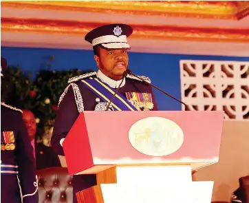 ?? ?? His Majesty King Mswati III gives his speech during the 21st Royal Eswatini Police Service (REPS) Day at Matsapha Police Academy.