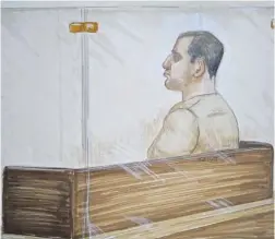 ?? FELICITY DON/ THE CANADIAN PRESS FILES ?? Reza Moazami is shown in the prisoner’s box in this court drawing. A B. C. Supreme Court trial has heard that he lured teenagers into prostituti­on with promises of a glamorous lifestyle in downtown Vancouver.