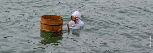  ??  ?? TOP: Ama divers preparing to go to sea with their wooden barrels in tow
ABOVE: Ama divers use a wooden barrel
as a float