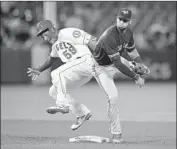  ??  ?? TORONTO second baseman Lourdes Gurriel Jr. gets the force on Michael Hermosillo and throws to first.