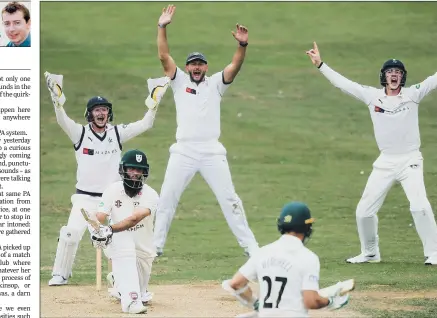  ?? PICTURE: ALEX WHITEHEAD/SWPIX.COM ?? CLOSE CALL: Yorkshire’s Jonny Tattersall, Tim Bresnan and Harry Brook appeal for the wicket of Moeen Ali.